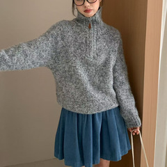 韩系慵懒风翻领套头毛衣女2025秋冬新款宽松外穿半拉链针织衫上衣