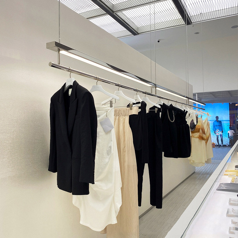 Clothing store stainless steel ceiling rack with lights display…