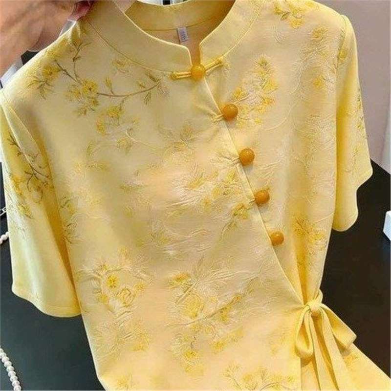 A Popular New Chinese-Style Blouse for Dropshipping, 2026 Summer Fashion, Age-Reducing Design, Tie-Up Jacquard Top
