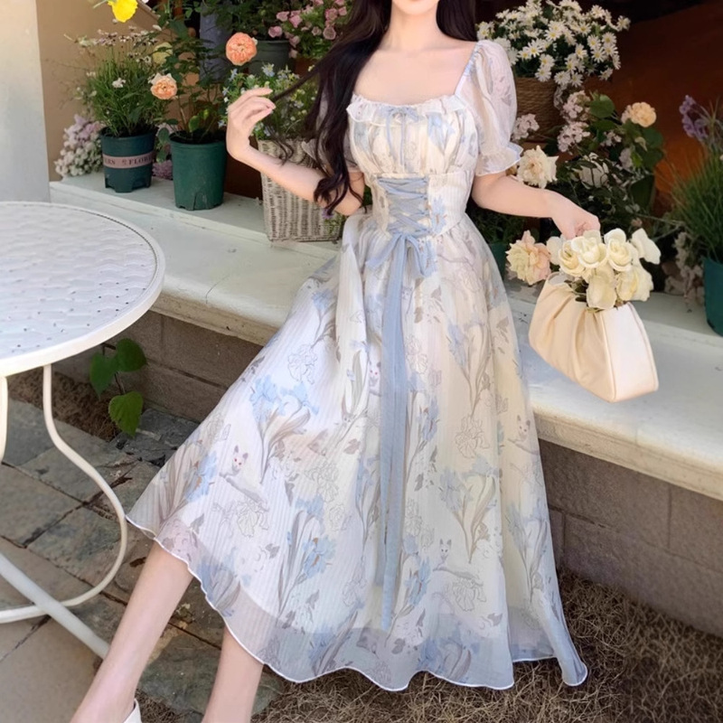 French Style Mori Style Romantic Print Dress plus size Blue Lace-up Waist Long Dress Elegant Square Collar Floral dress Women's Summer