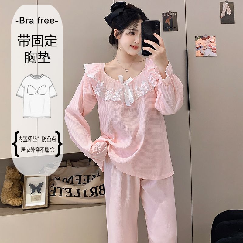 Al por mayor transfronterizo primavera y otoño nuevo pijama de mujer nube de algodón encaje cuello redondo hoodie mangas largas pantalones largos con cojín de pecho ropa para el hogar image 2