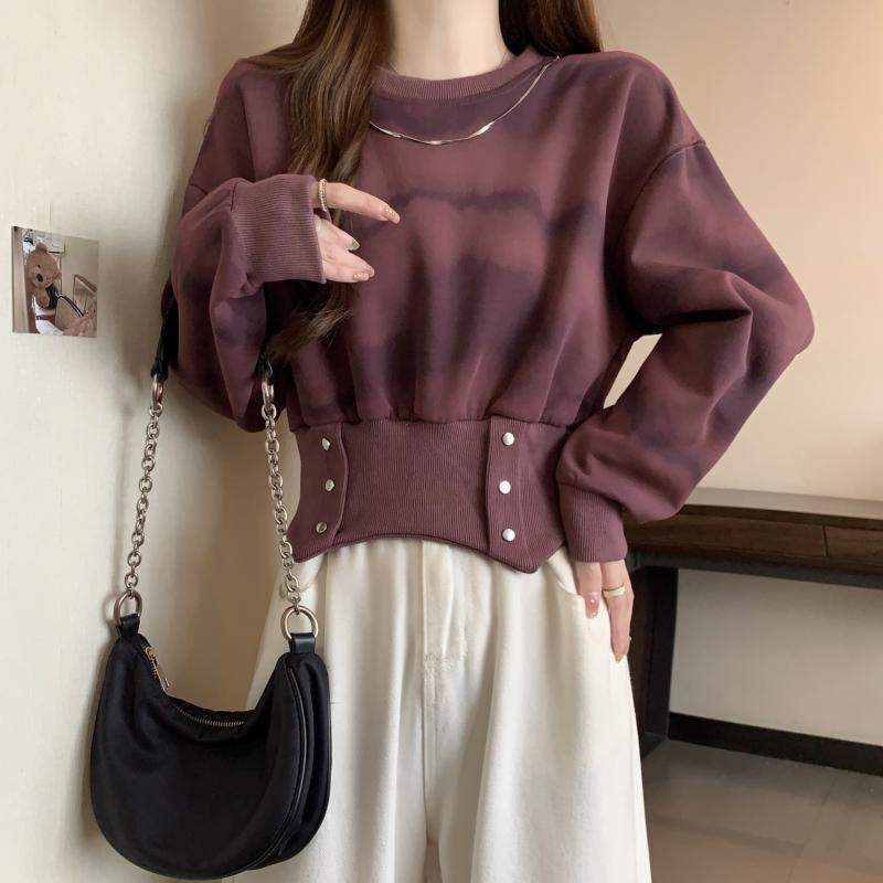 Vintage americano teñido sin sombrero suéter mujeres primavera y otoño tamaño grande mm gordo delgado diseño sensación de corta corta corta de moda