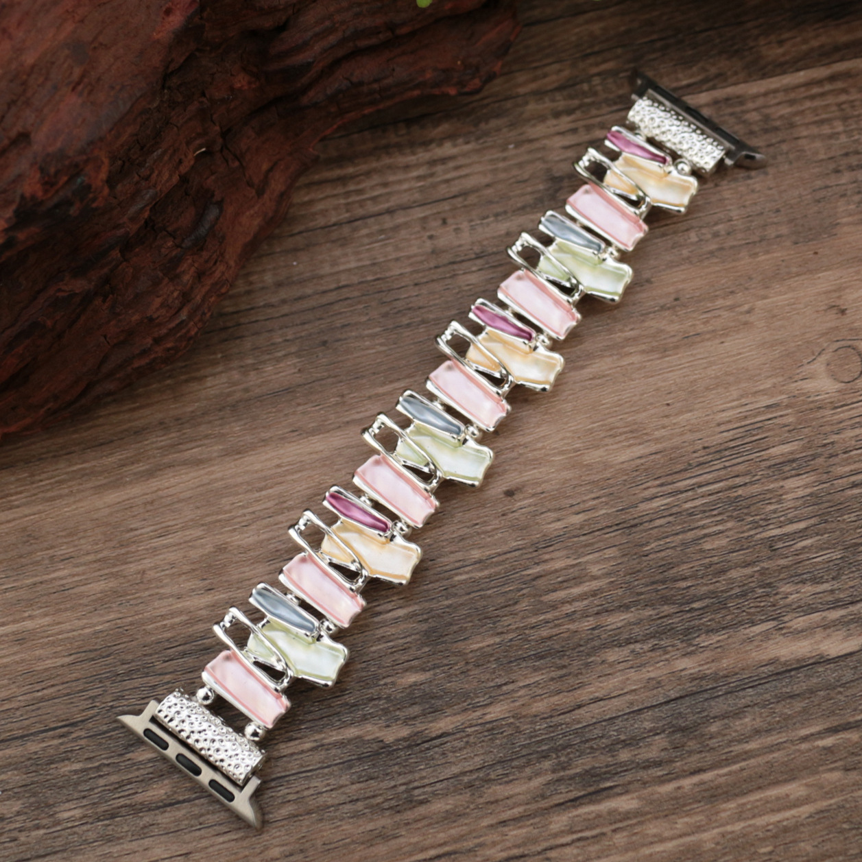 (145cm) 스프링 컬러 기하학 라인 스트레치 시계 스트랩 - 실버