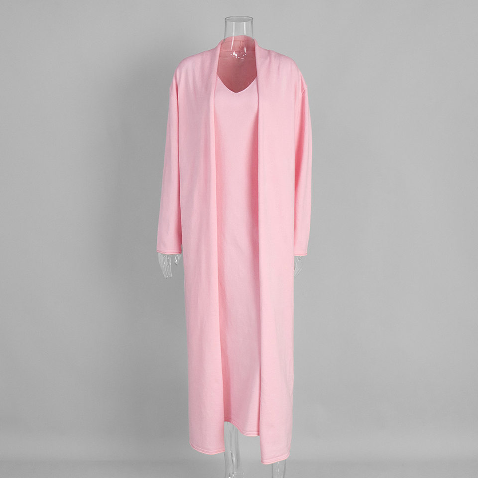 Bộ đầm dài kèm áo cardigan dệt kim dài tay nữ — Màu cà phê đậm, Màu hồng, Màu trắng, Màu xám chi tiết 8
