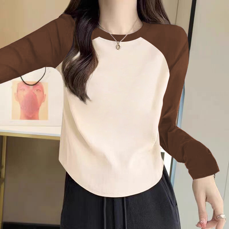De velvet autumn Raglan long sleeve thickened contrast color all-match round neck T-shirt Women's inner bottoming shirt stitching slim top De velvet autumn Raglan long sleeve thickened contrast color all-match round neck T-shirt Women's inner bottoming shirt stitching slim top