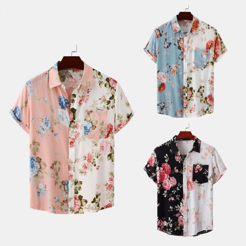 Foreign Trade Dropshipping Ebay Aliexpress Amazon 2024 Summer New Men's Floral Patchwork Short-Sleeve Shirt Men
