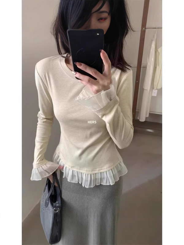 韓国系レトロ春秋新作シンプル気質波辺ステッチデザイン感長袖tシャツ女性ボトムシャツ上着|undefined