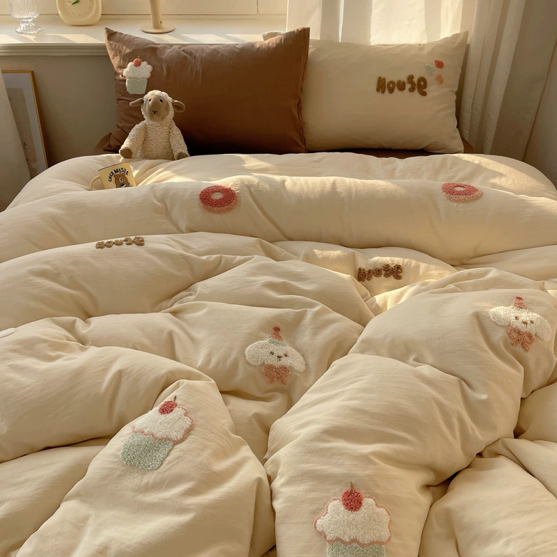 Four-Piece Embroidered Bedding Set, Soft Sweet Dessert Design, Spring–Summer, Multiple Sizes