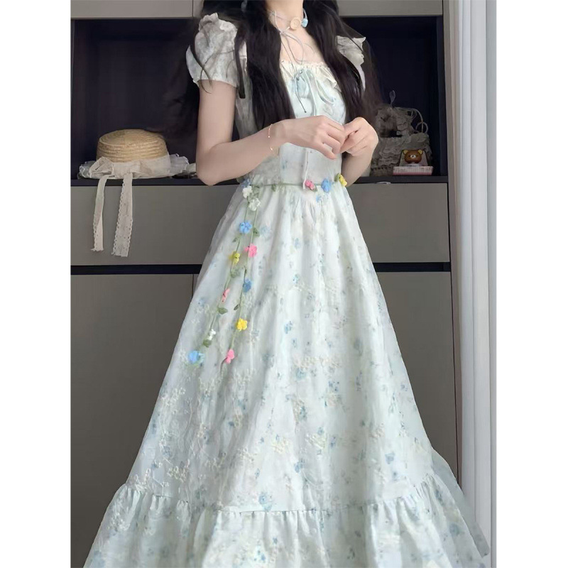 女性用フレンチスイートフローラルパフスリーブドレス、夏の美しいプリンセスドレス、ウエストを絞ったホリデースタイルの妖精のロングドレス|undefined