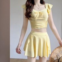 多巴胺奶黄色分体游泳衣女小清新可爱少女温泉度假遮肚裙式温泉