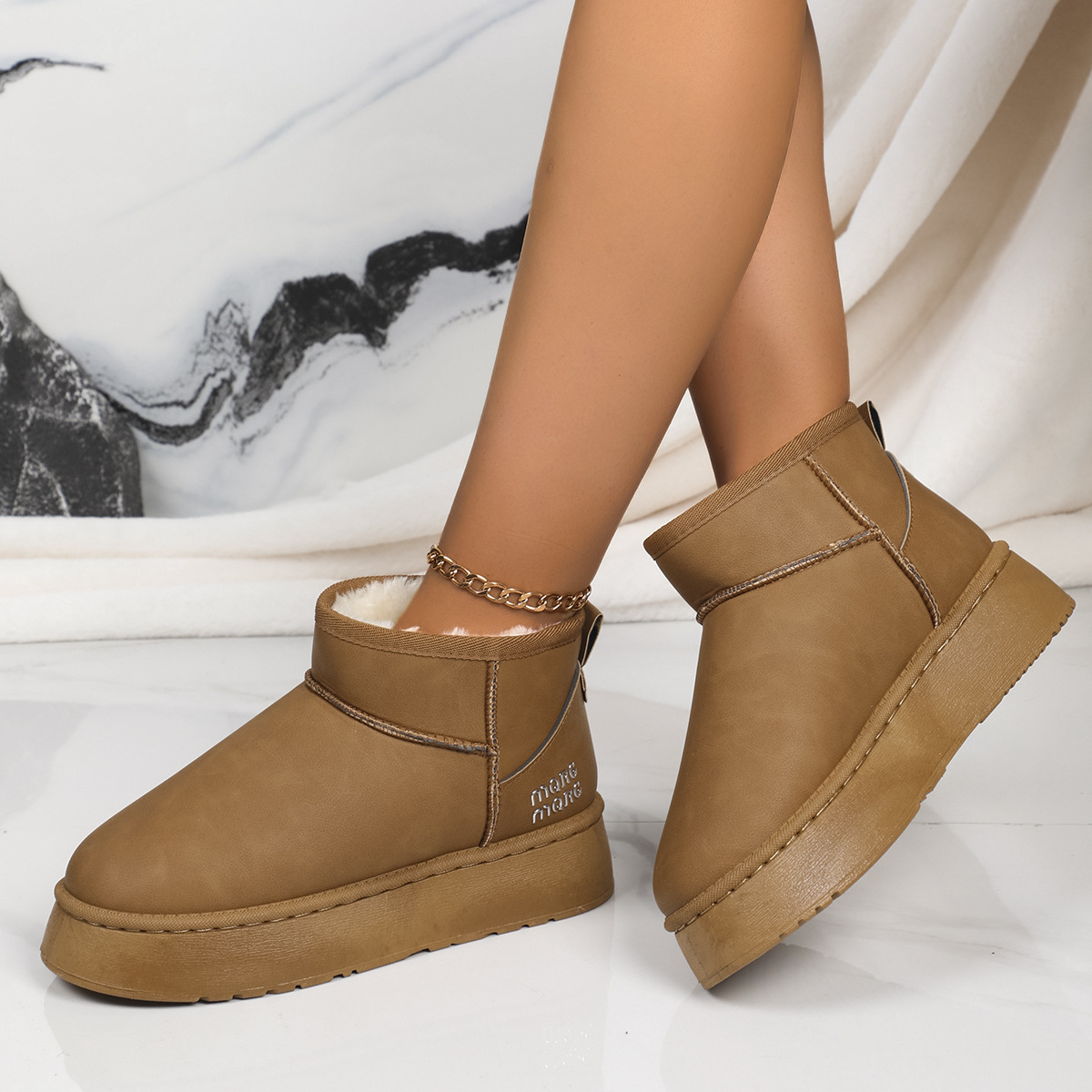 Winter and fleece waterproof muffin thick-soled inner elevating snow boots short cotton shoes_voghion.com