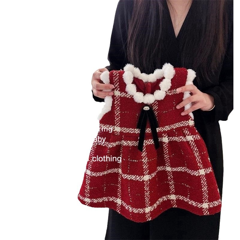 Niñas ropa infantil arco chaleco de alambre dorado vestido de aniversario de otoño invierno 2025 vestido vestido a cuadros rojos blusa