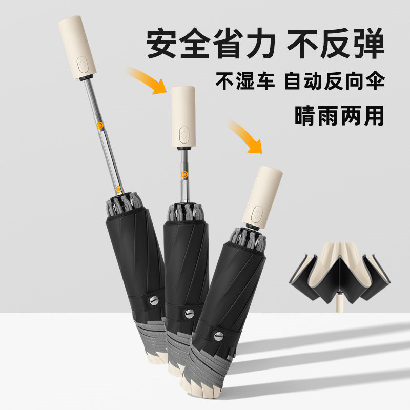 Fully Automatic Safety Retractable Reverse Umbrella, New Solid Color Sun Protection Reflective Strip Umbrella for Men and Women, Anti-Rebound Umbrella