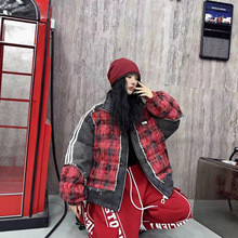 欧货棉衣女2025冬季新款牛仔拼接红色格子羽绒棉内胆面包服外套潮
