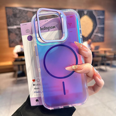 适用iPhone16promax高级感镭射磁吸手机壳苹果15镜头支架防摔保护