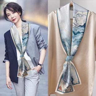 Spring and summer 2024 new national style thin narrow silk scarf small long matching suit shirt tie women's thin oil painting scarf
