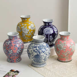 青花瓷复古花瓶陶瓷高级感侘寂中古风大肚插花瓶新中式摆件装饰品