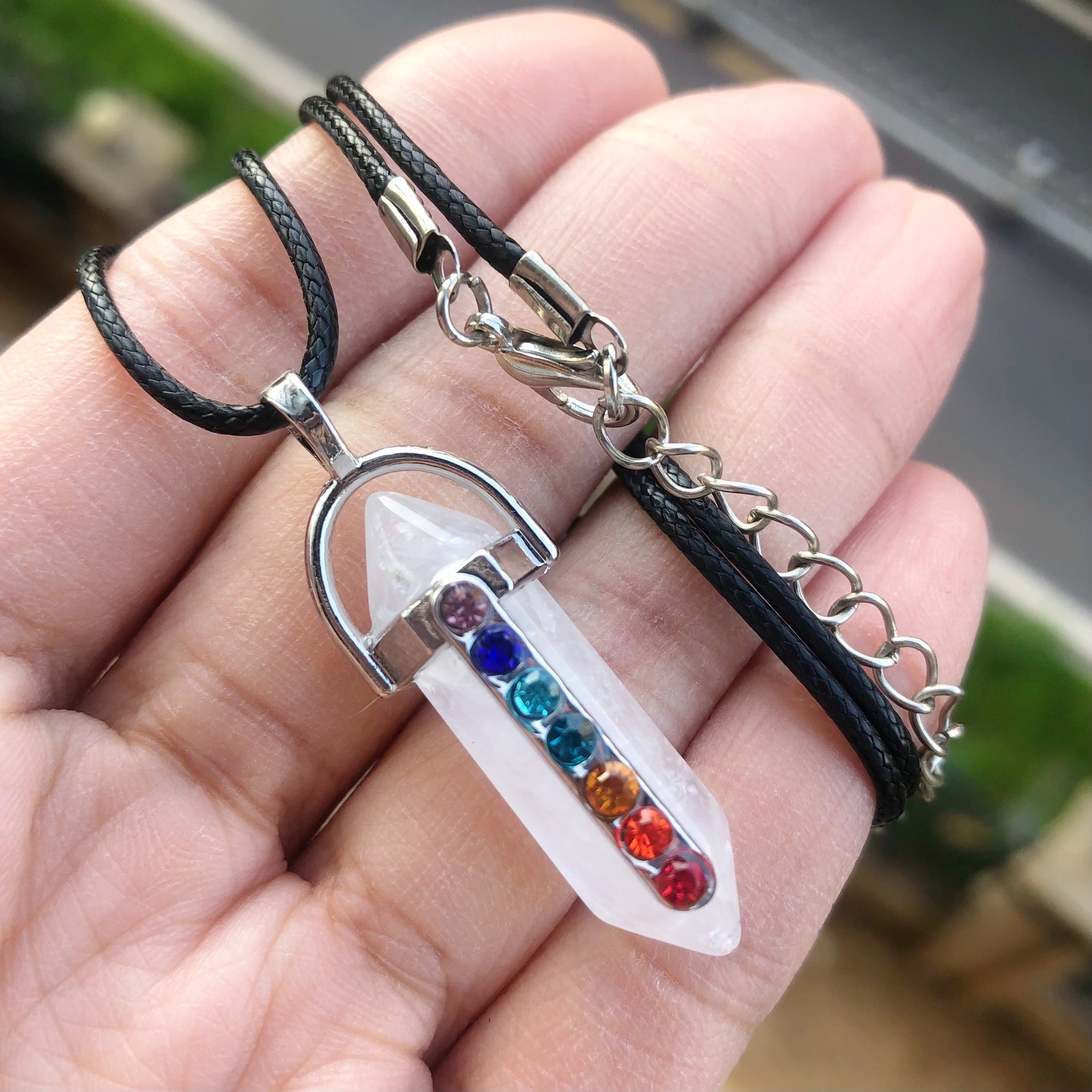 Leather Rope Chain Material Casual Retro Geometric Zircon Natural Stone Leather Rope Wholesale Pendant Necklace
