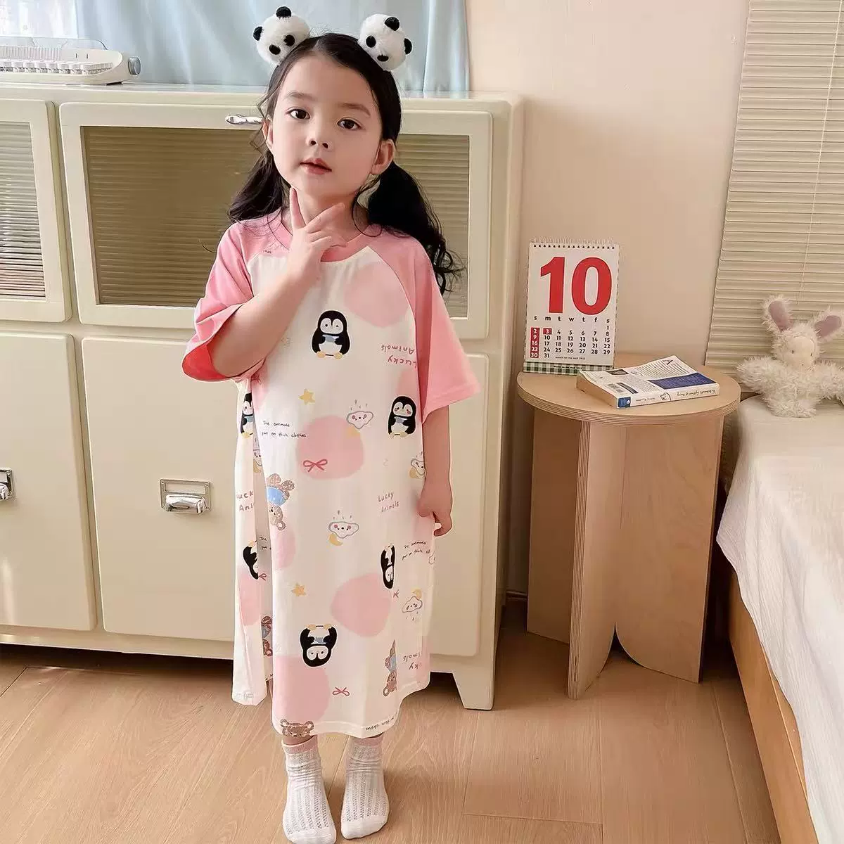 Cartoon summer children's pijama, mini-skirt, long skirt, with short sleeve, family style