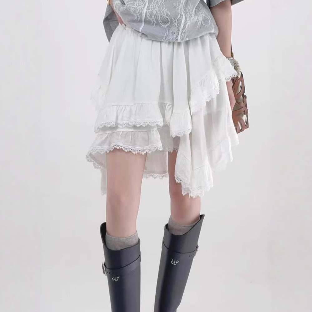 Fresh and Simple Patchwork High-Waisted Irregular White Skirt for Women 2024 New Stylish Summer Short Skirt with Cake Lace