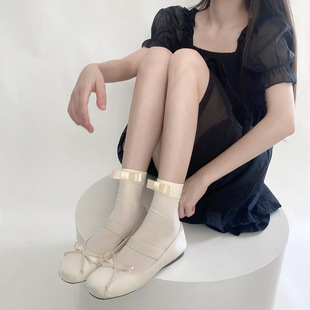 Summer New Japanese Style All-match Velvet Socks Milk White One-word Bow Sweet Girl's Middle Tube Pile Thin Style