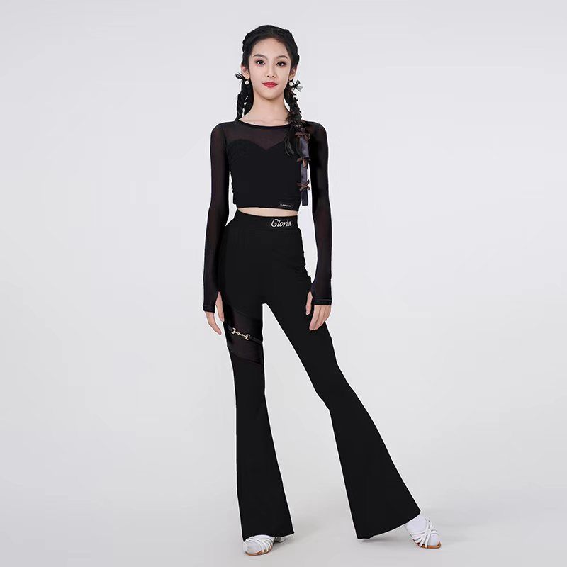Latin Dance Clothing New Women's Mesh Tops Flared Pants Children's Latin Performance Practice Clothing Suit Factory Wholesale