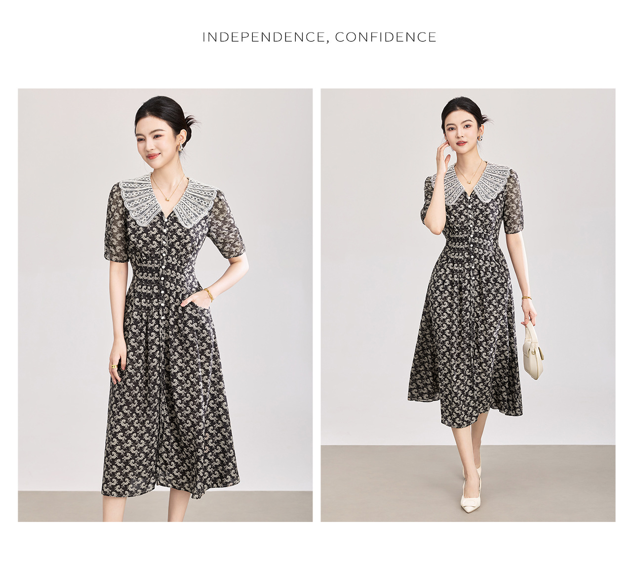 Đầm maxi nữ thắt eo in họa tiết ngựa cổ ve phối màu — màu đen chi tiết 13