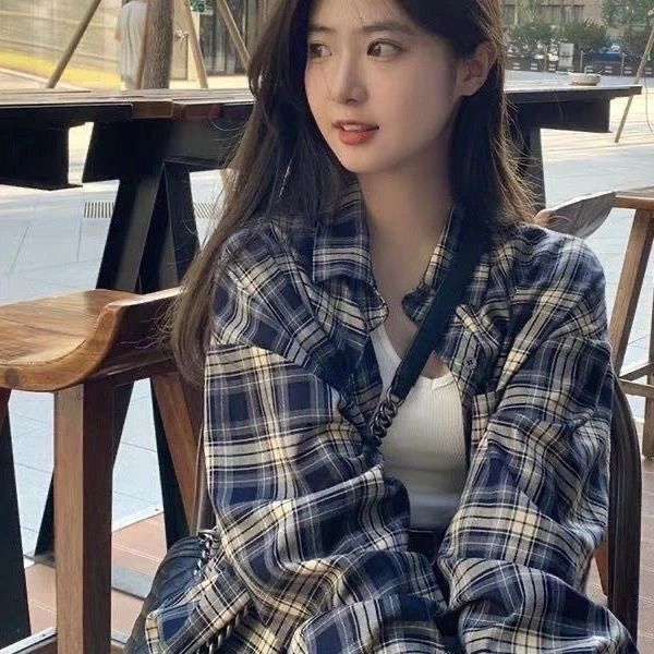 美式长袖格子衬衫春秋复古新款宽松慵懒风小个子衬衣上衣休闲外套|undefined