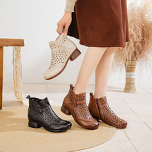 头层牛皮女凉鞋镂空透气轻便洞洞凉靴筋粗跟软底文艺复古妈妈短靴