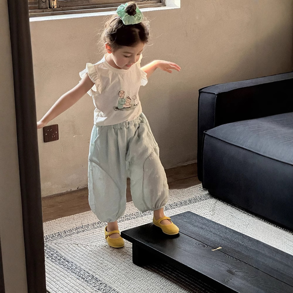 [in stock] Girls Children's Suit 2025 Summer New Cute Flying Sleeve T-shirt Bow Bloomers Two-piece Set