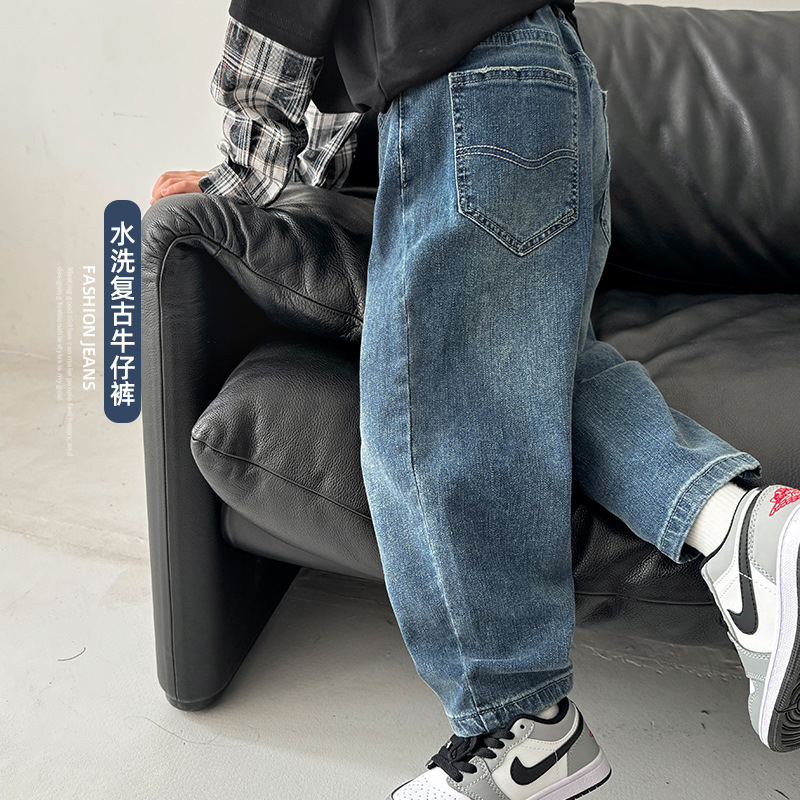 Haima's 2026 Autumn New Trendy Boys' Washed Denim Jeans, Korean-Style Children's Clothing, Long Pants for Older Kids