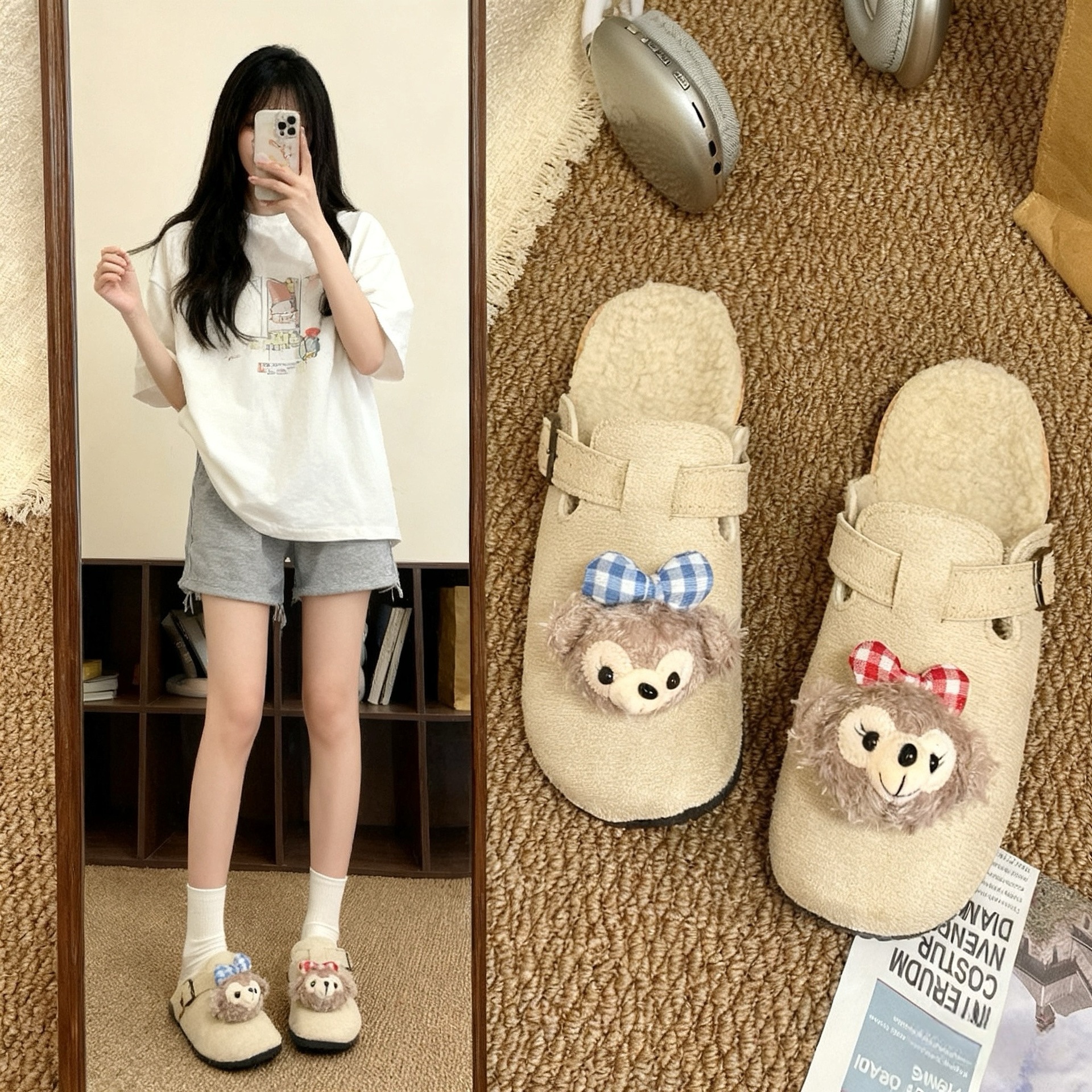 秋冬韩系新款温柔风复古勃肯洞洞鞋毛茸茸保暖一脚蹬雪莉玫勃肯鞋