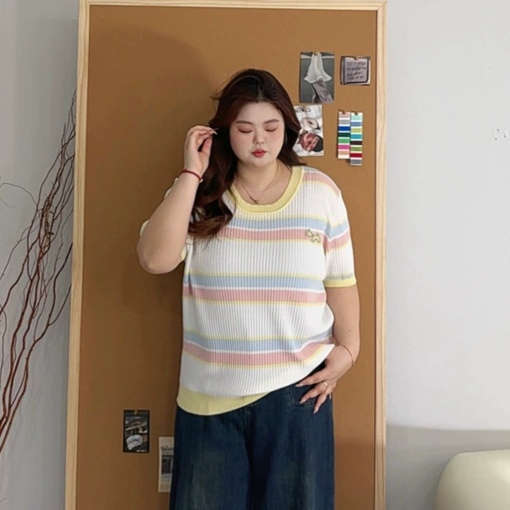 250 фунтов большой размер женская летняя новая мода с круглым вырезом в полоску