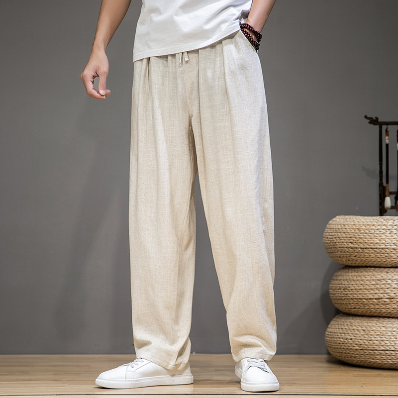 Linen Pants Men's Pants Thin Chinese Style Loose Straight Leg Pants Men's Summer Cotton and Linen Casual Sports Trousers