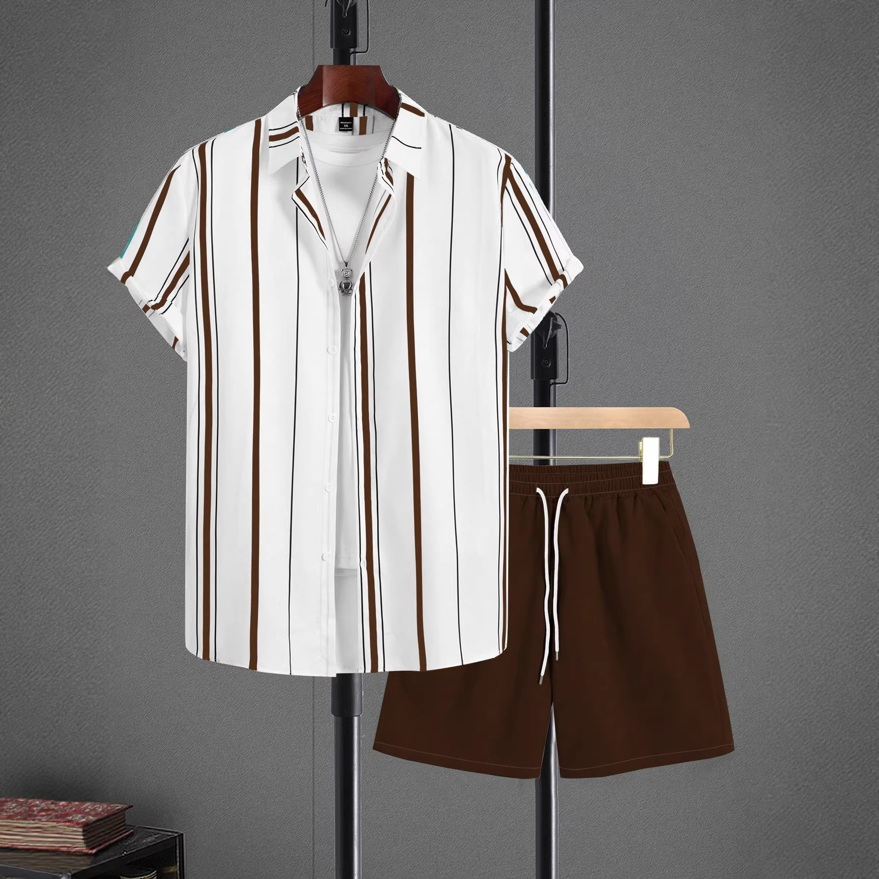Lässiges Herren-Hawaiihemd-Set, Sommermode, Kurzarm, 3D-Streifenmuster, zweiteilig_voghion.com