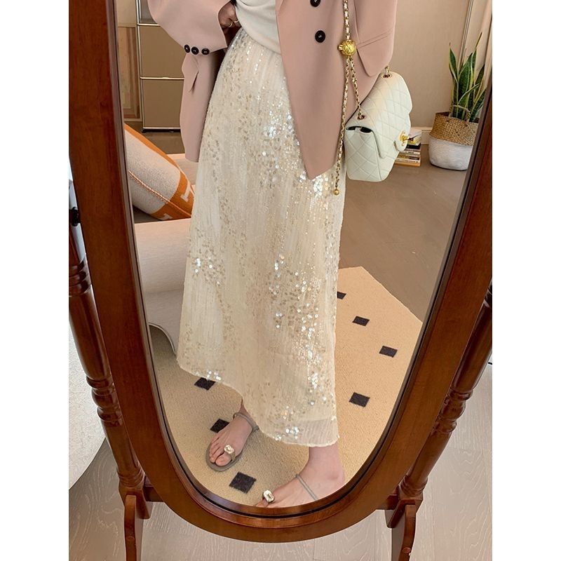 Golden Age High-grade Fine Shining Slim High Waist Mid-length Skirt Women's Spring and Summer New A- line Skirt