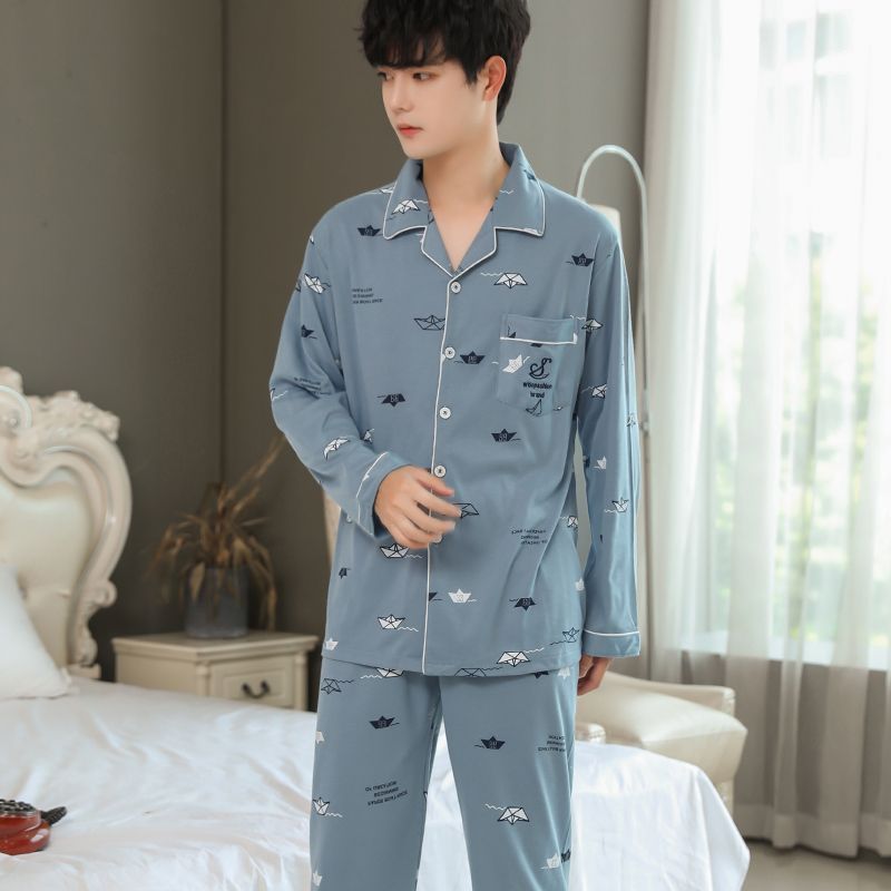 100% algodón de mediana edad de los hombres jóvenes pijamas de los hombres verano primavera y otoño invierno cardigan manga larga papá ropa suelta