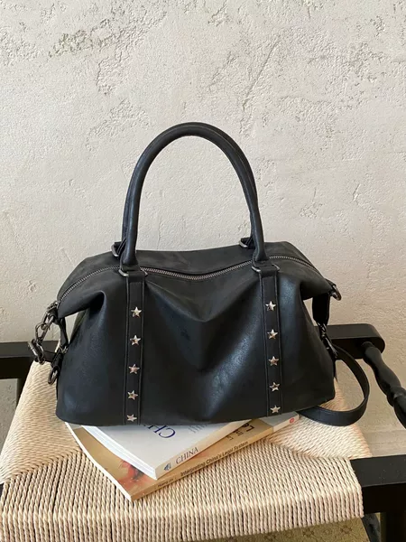 American retro handbag Boston bag, vintage distressed rivet shoulder bag, fashionable crossbody commuter bag for women