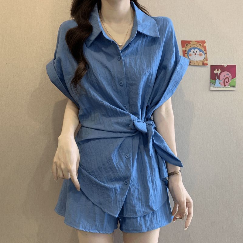 韩系巨好看套装女夏显瘦遮肚子减龄大方得体气质一整套短裤两件套|undefined
