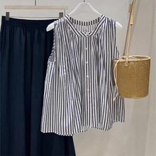 复古文艺风黑白竖条纹无袖棉麻衬衫背心女新款夏季衬衣度假风上衣