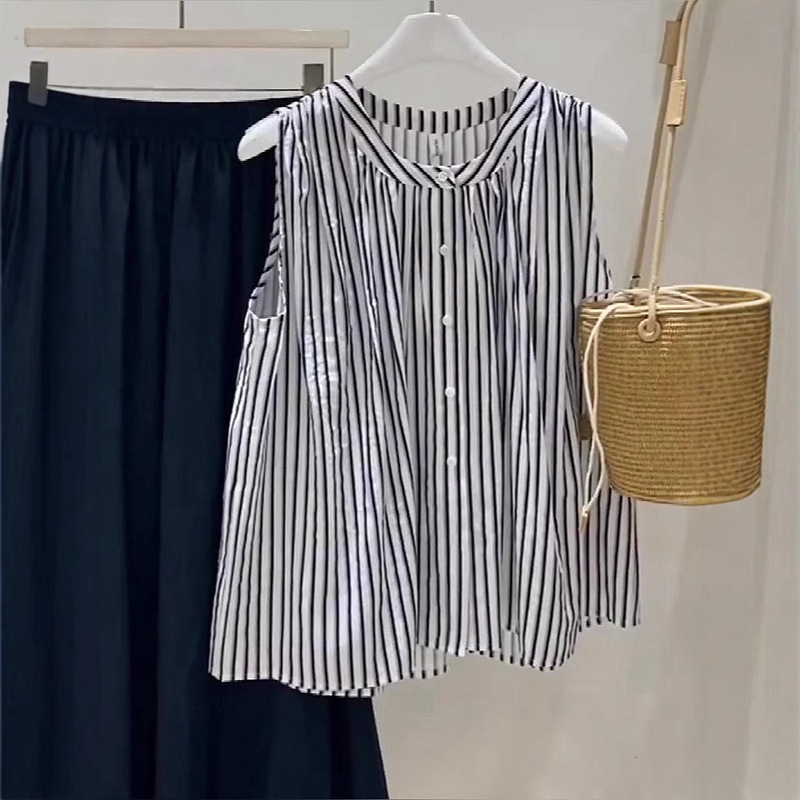 Vintage Artistic Style Black and White Vertical Stripe Sleeveless Cotton Linen Shirt Vest Women's New Summer Shirt Holiday Style Top
