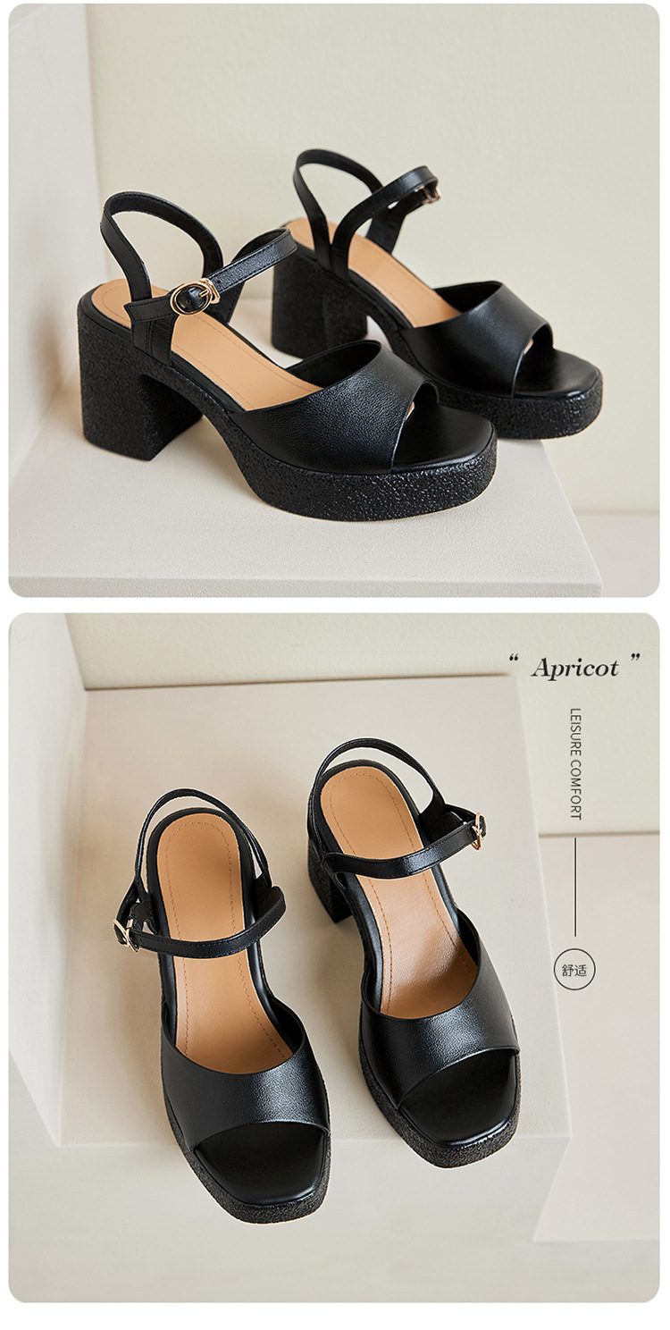 Sandal cao gót nữ quai ngang da thật đế dày chống thấm — Màu đen chi tiết 33