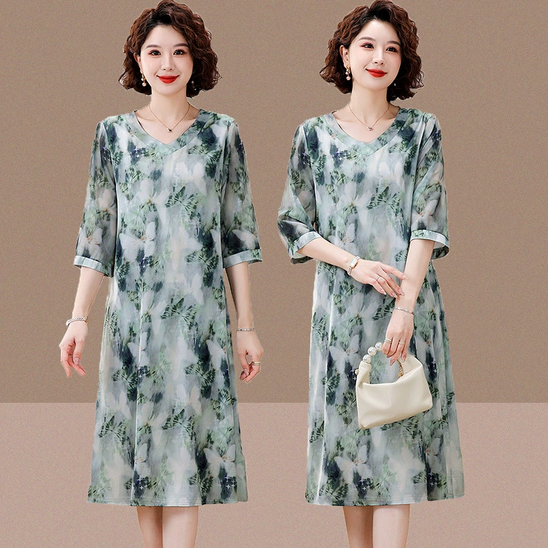 Летнее платье для мамы, свободное, закрывающее живот, женская летняя юбка среднего и пожилого возраста в стиле ретро с принтом чернил и рукавами три четверти