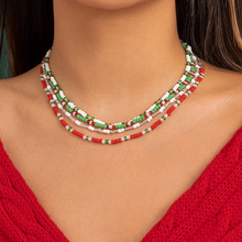 圣诞风红绿米珠项链女 个性彩色串珠锁骨链甜酷单层项链跨境货源
