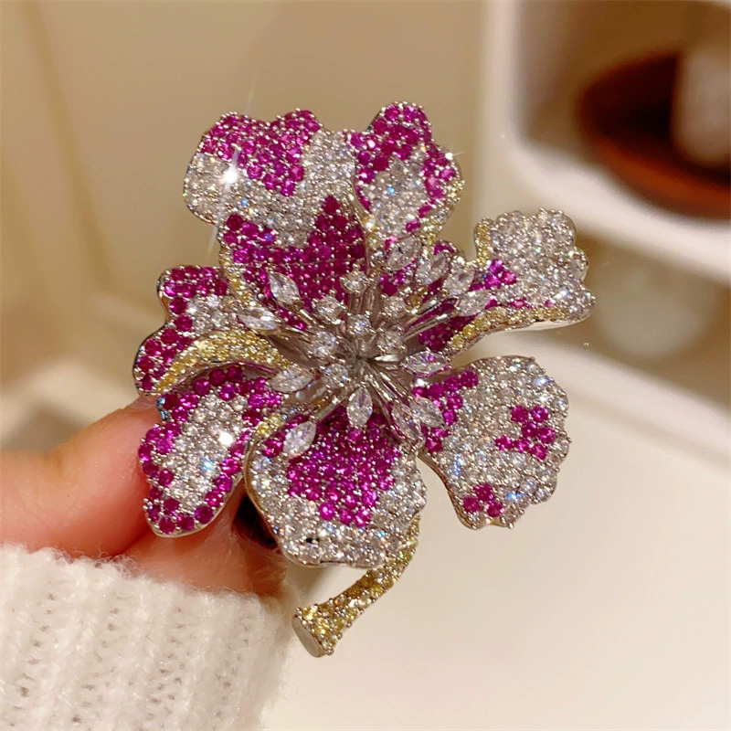 Three dimensional elegant brooch lapel pin, retro pin, diamond encrusted, flowered