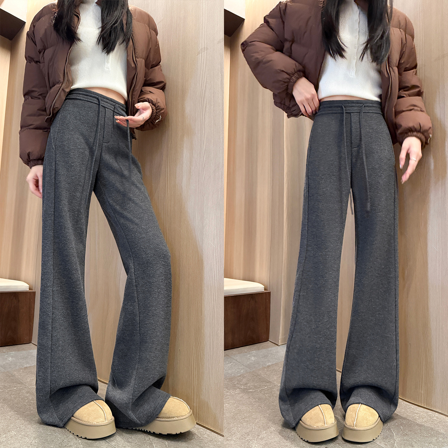 Wool Fleece High-Waisted Flared Pants for Women, Autumn and Winter Slimming Casual Drawstring Sweatpants, American Style Slightly Flared Floor-Length Sports Pants