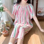 2026夏季人棉绸女睡衣短袖七分裤套装清新田园风品质家居服走量款