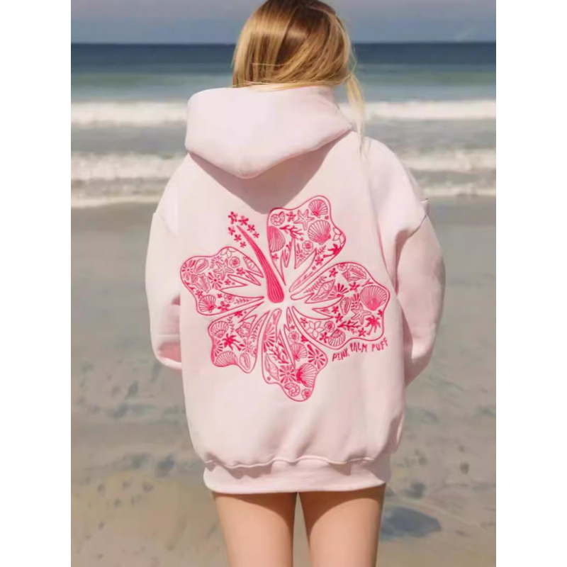 2024 New Version of European Size Women's Oversized Drop-Shoulder Sleeve Sweatshirt with Hood from the Hawaii Hibiscus Brand