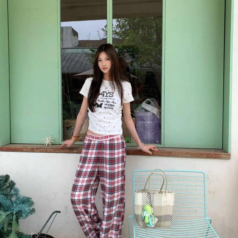 Hollister小海鸥红黑格子抽绳休闲裤字母织带宽松休闲长裤睡裤女|undefined