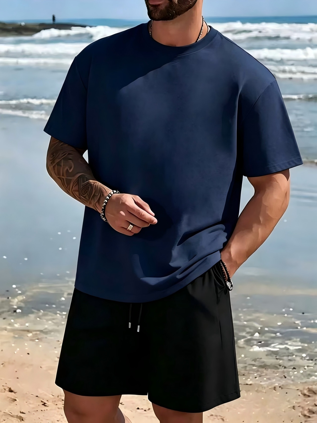 Fábrica de origen a través de la frontera para hacer un modelo de verano para hombres traje casual camiseta de color sólido manga corta manga deportiva